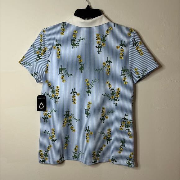 NWT Nautica Jeans Core Women's Floral-Print Short-Sleeve Polo Shirt - Blue - M - Picture 4 of 10